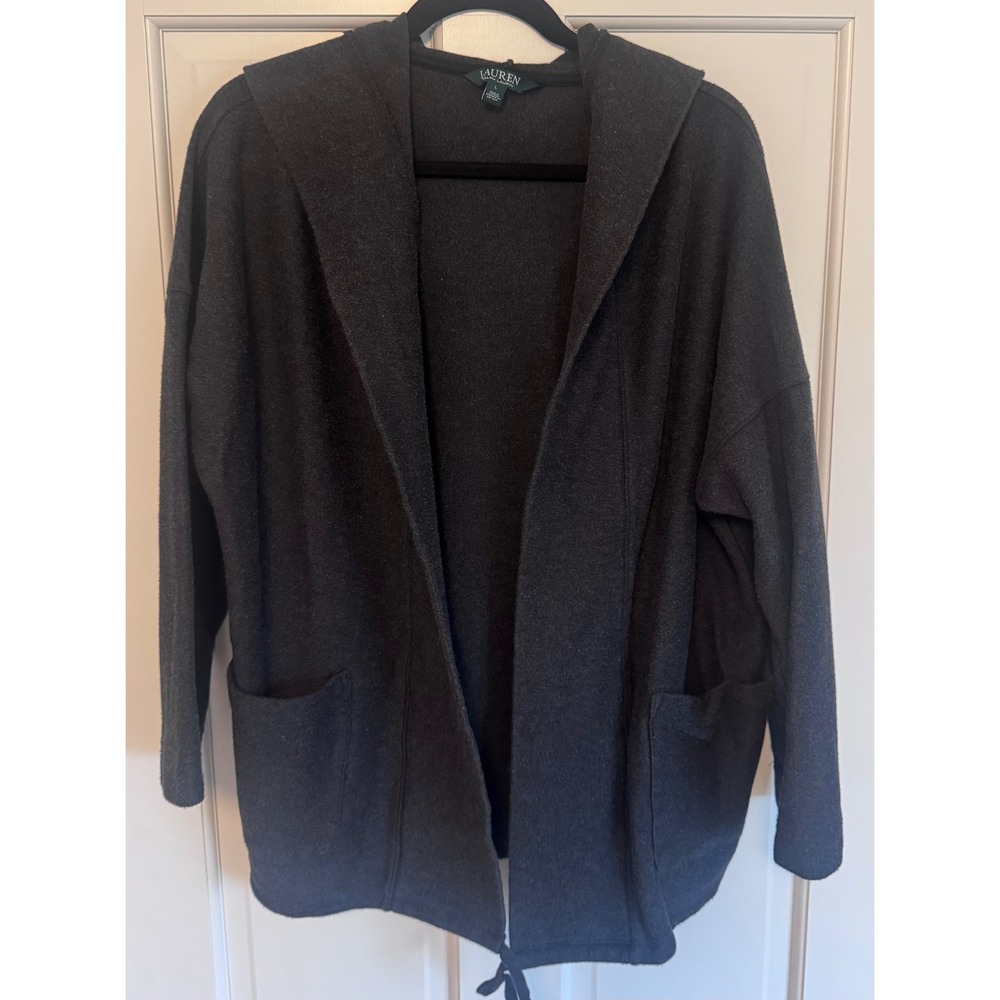 Lauren Ralph Lauren Gray Open Front Hooded Cardigan Sweater L Cotton Pockets